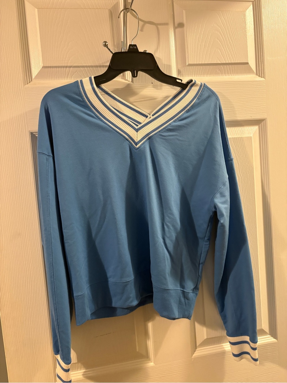 Sincerly Jules Light Blue V-Neck Sweater with White Striped Trim
